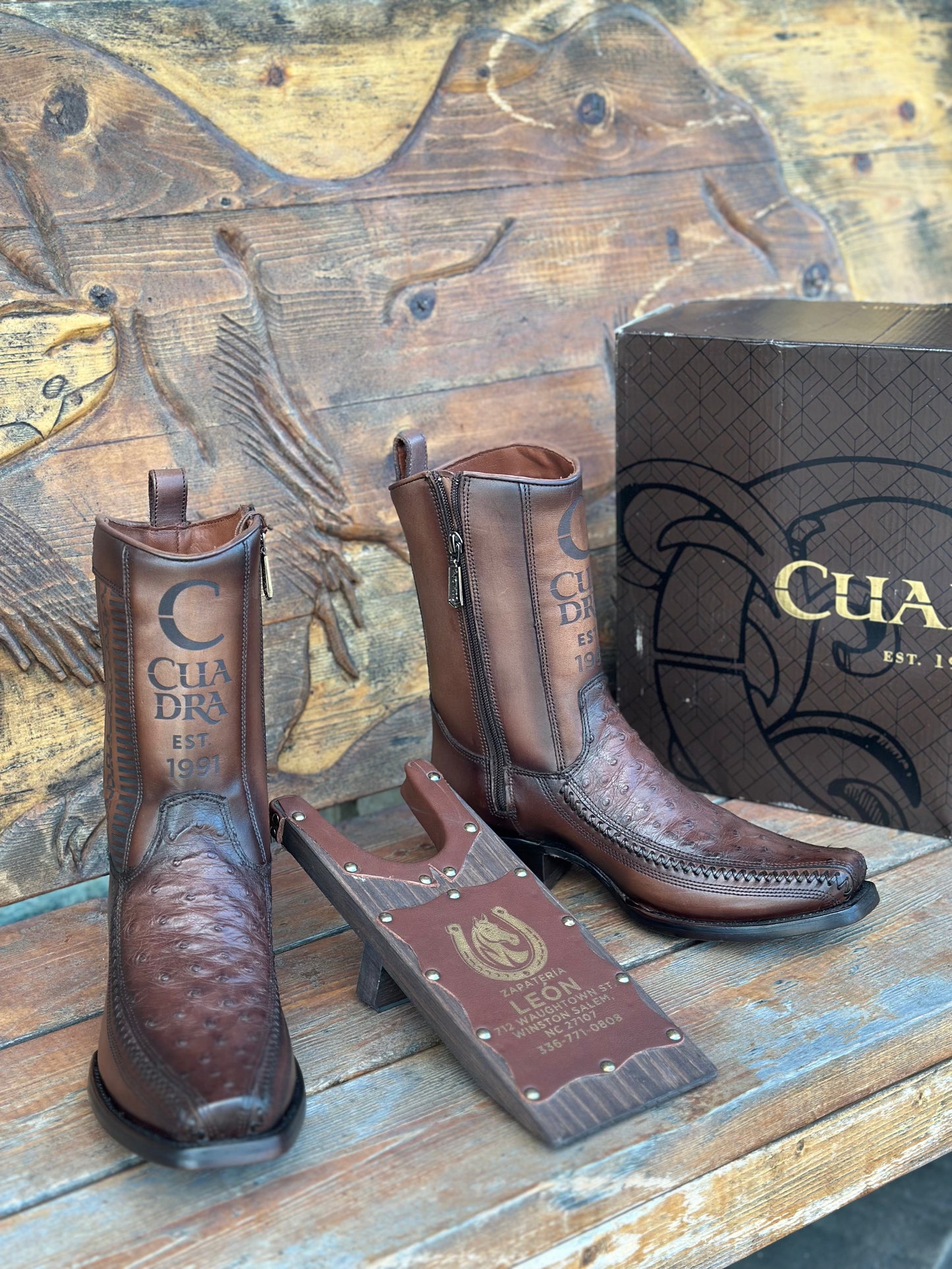 CUADRA “FLAME CHOCOLATE” FULL QUILL OSTRICH LASER ENGRAVED NARROW SQ TOE BOOT (CU803)