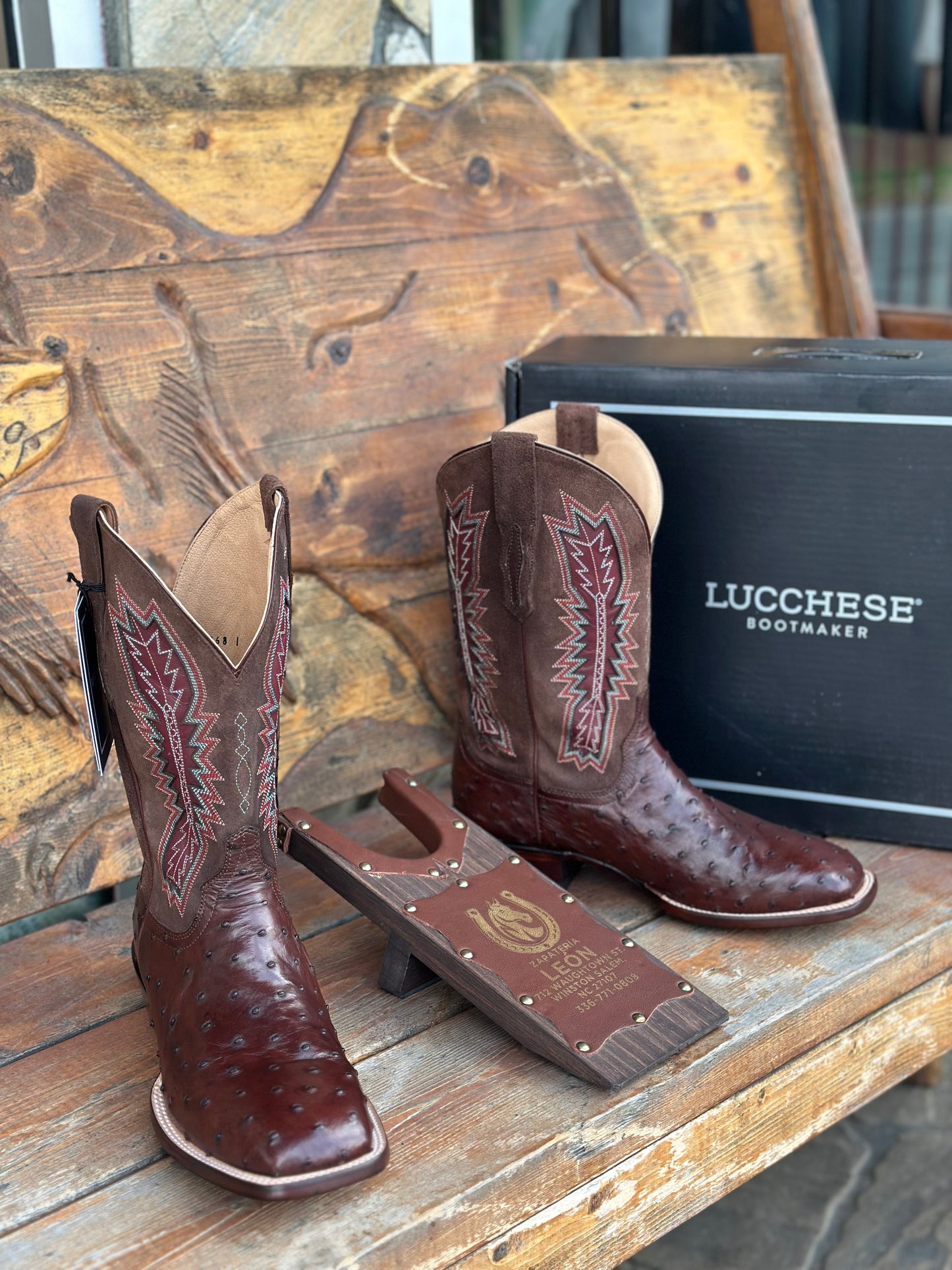 LUCCHESE “ROSCOE” FULL QUILL OSTRICH COFFE/BROWN SQ TOE COWBOY BOOT (M4562)