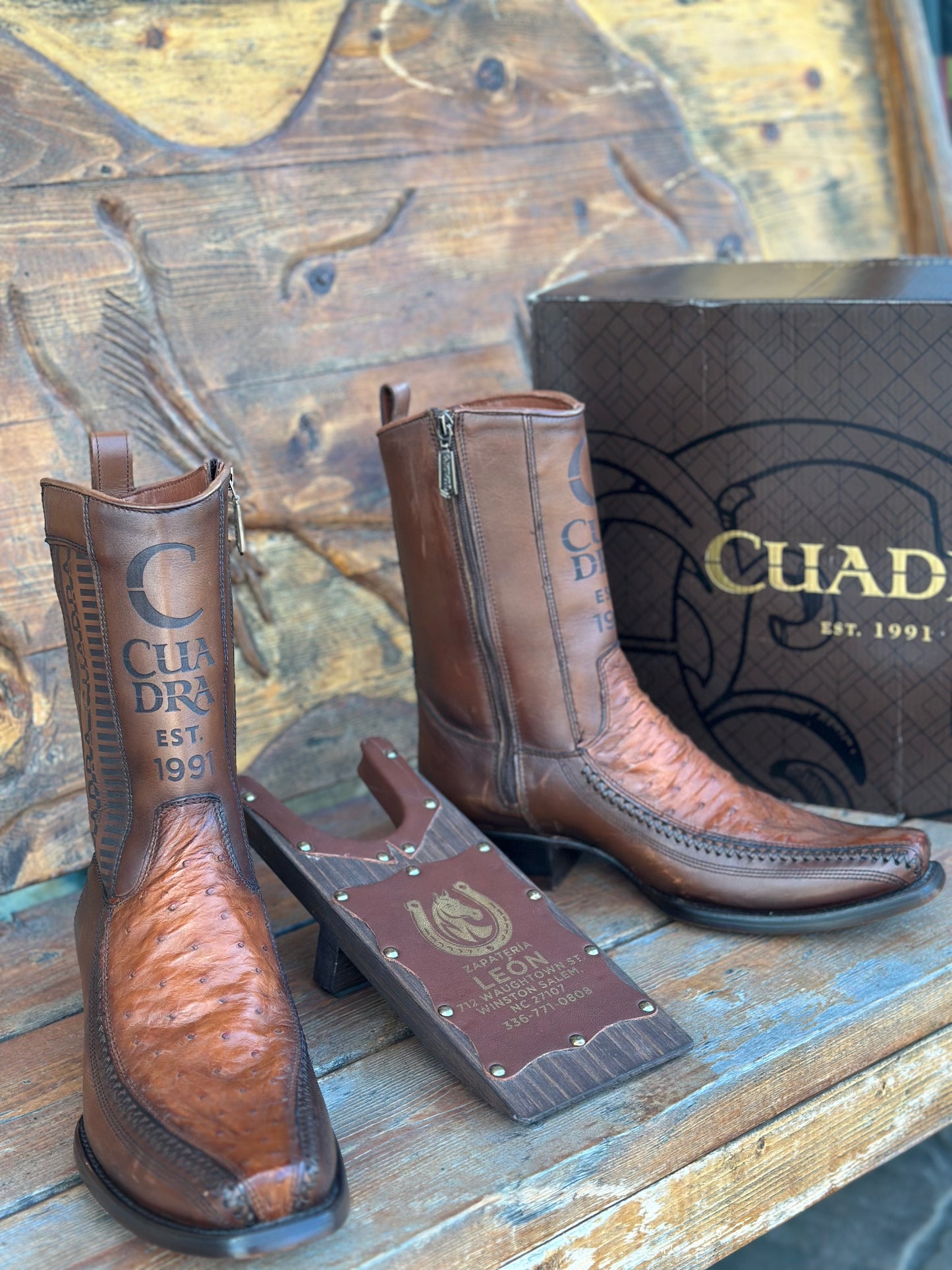 CUADRA “CHESTNUT” FULL QUILL OSTRICH ZIP UP NARROW SQ TOE BOOT (CU804)