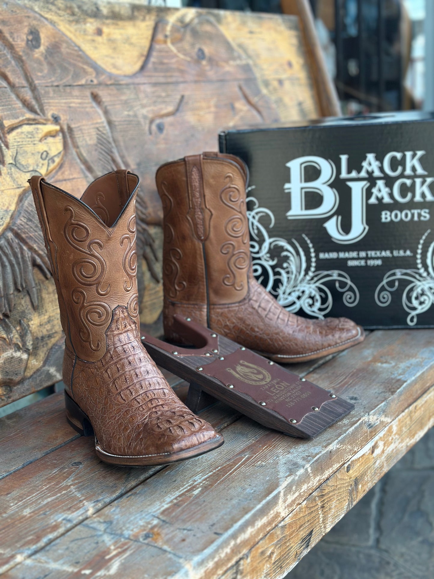 BLACK JACK “DARK GLOSSY” CAIMAN CROCODILE HORNBACK SQ TOE COWBOY BOOTS