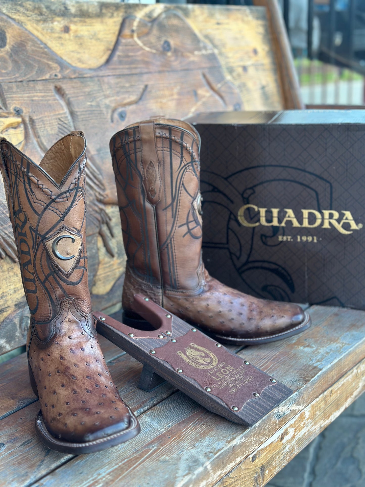 CUADRA “LIGHT BROWN” SQ TOE FULL QUILL OSTRICH COWBOY BOOT CU744
