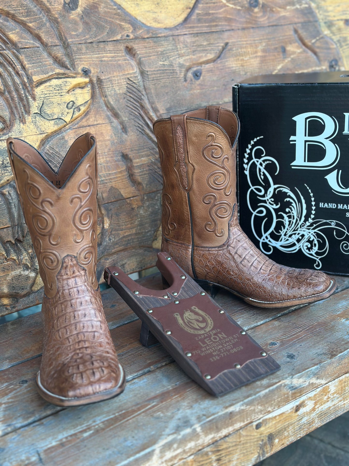 BLACK JACK “DARK GLOSSY” CAIMAN CROCODILE HORNBACK SQ TOE COWBOY BOOTS