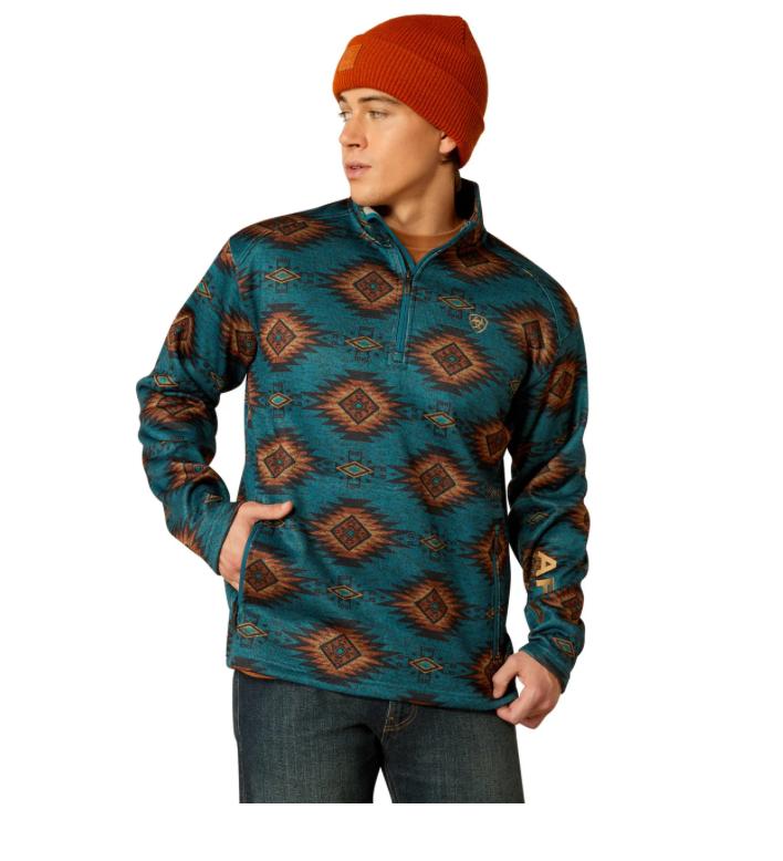 Ariat Men's Caldwell Logo Blue Coral Southwest 1/4 Zip Sweater 10053016