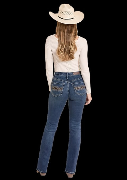 Rock & Roll Ladies Pleather Embroidered Pocket Modest Bootcut Jeans - BW4HD08483