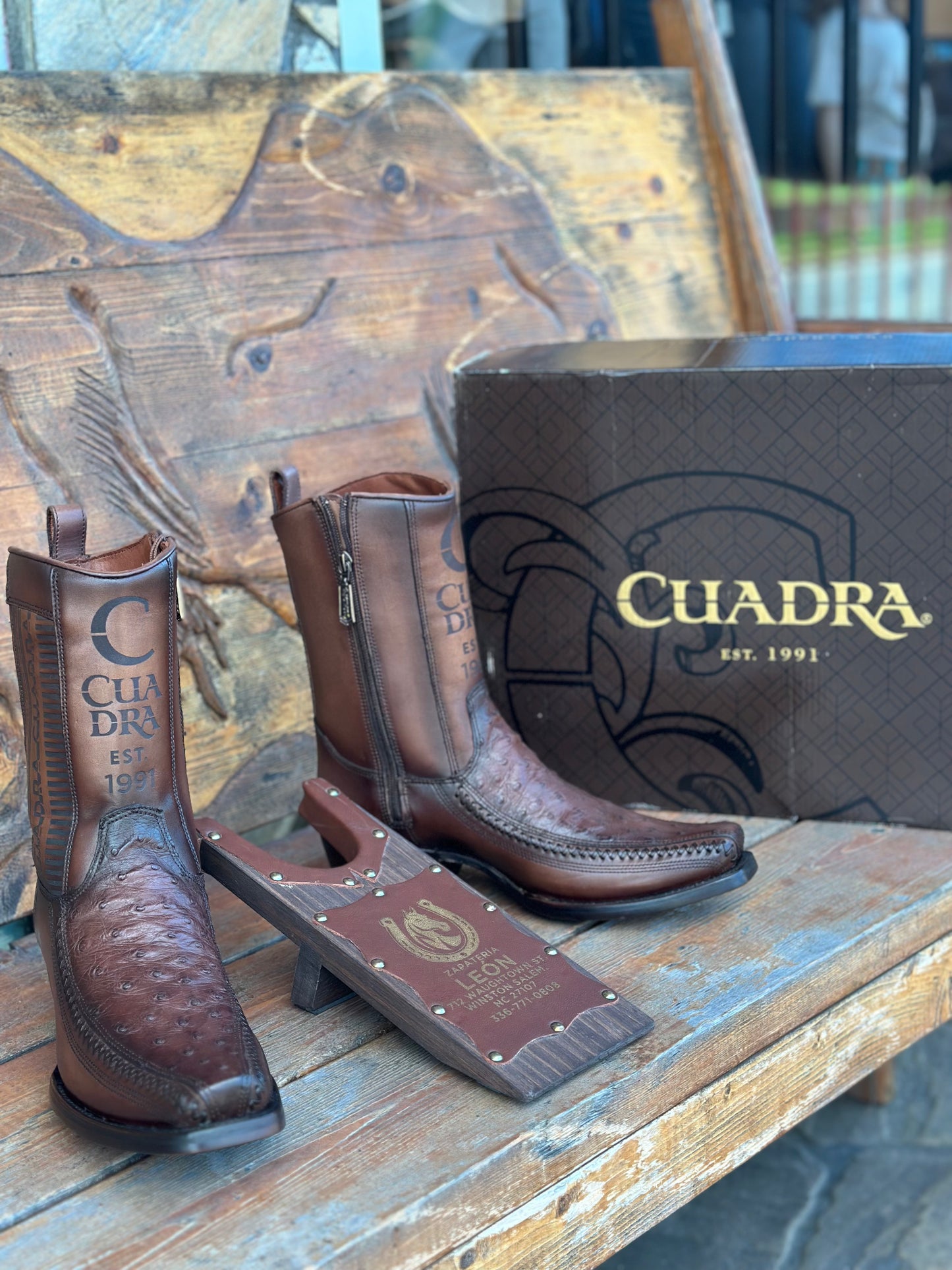 CUADRA “FLAME CHOCOLATE” FULL QUILL OSTRICH LASER ENGRAVED NARROW SQ TOE BOOT (CU803)