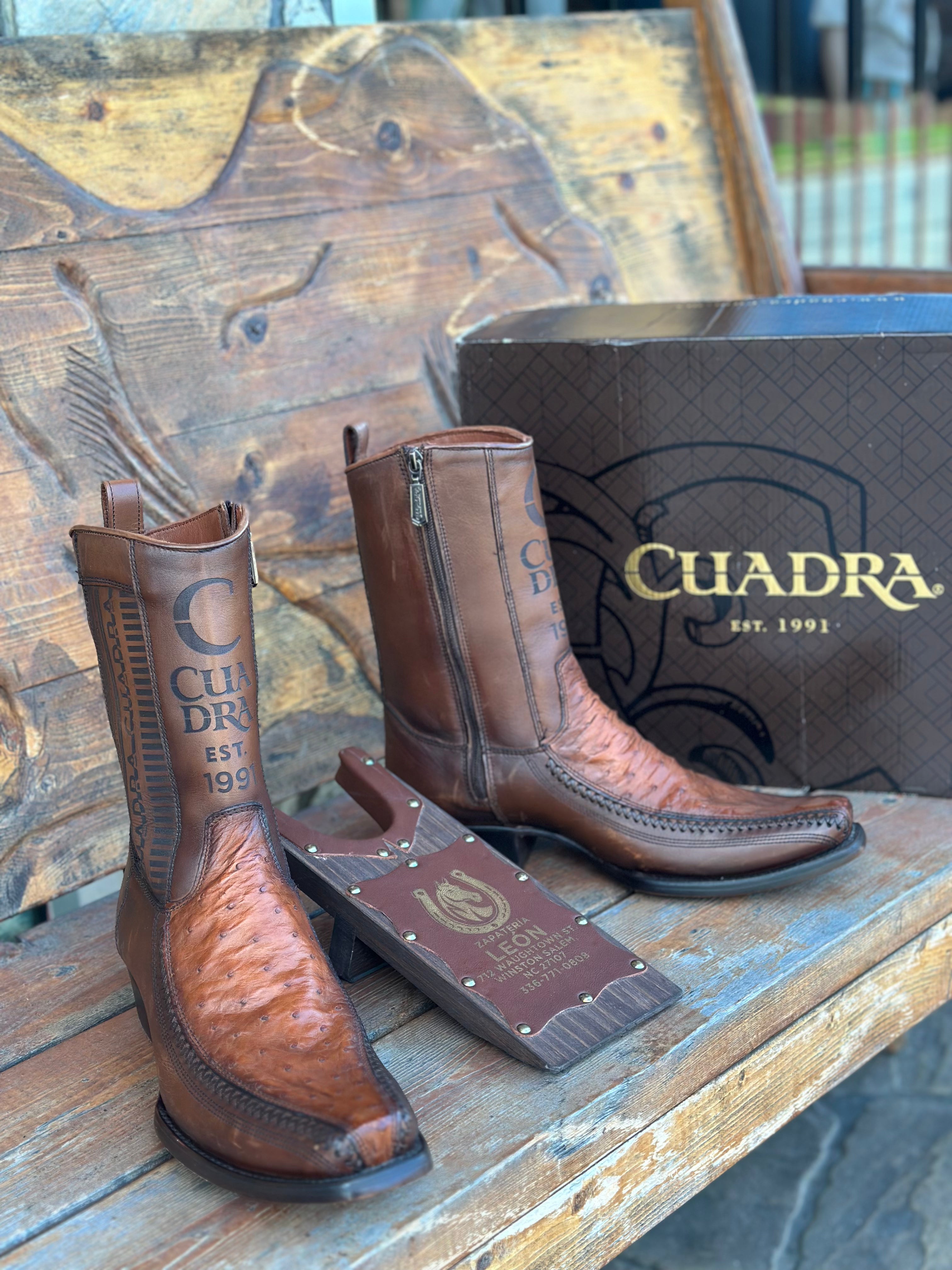 CUADRA - CHESTNUT - FULL QUILL OSTRICH ZIP UP NARROW SQ TOE BOOT - CU804