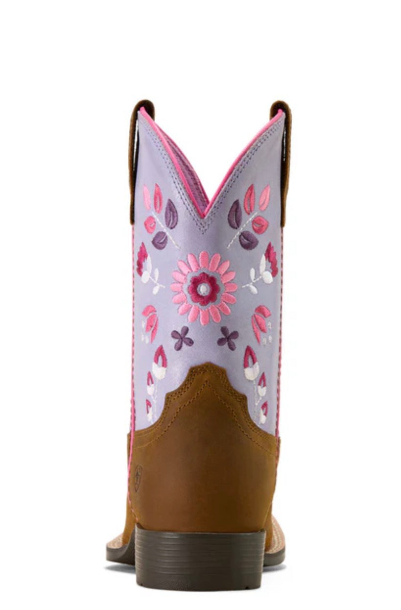 Ariat Youth Wild Bloom Wide Square Toe Western Boot - Distressed Brown -10074202
