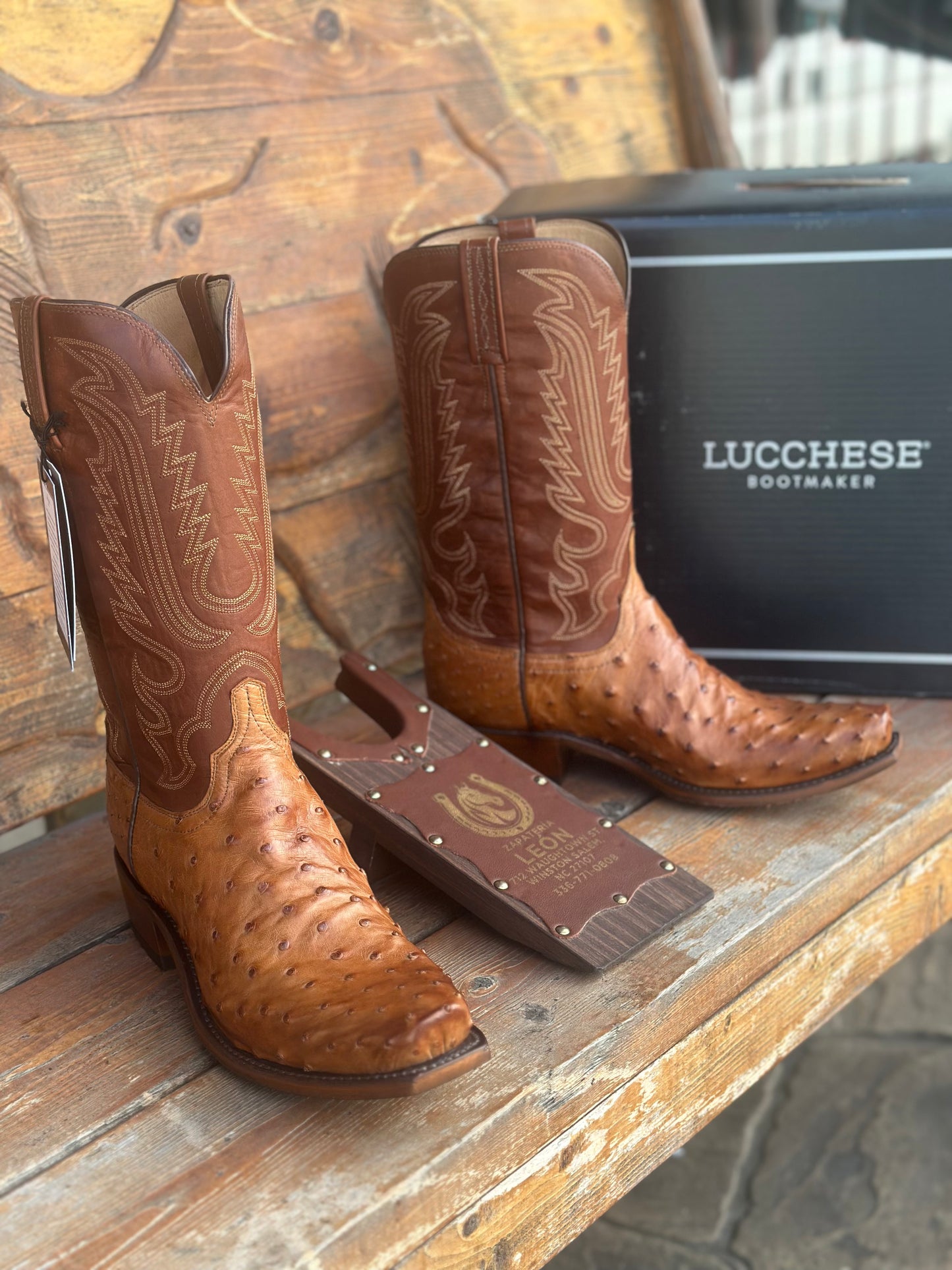LUCCHESE “LUKE” BARNWOOD/TAN FULL QUILL OSTRICH COWBOY BOOT NO.1156.73