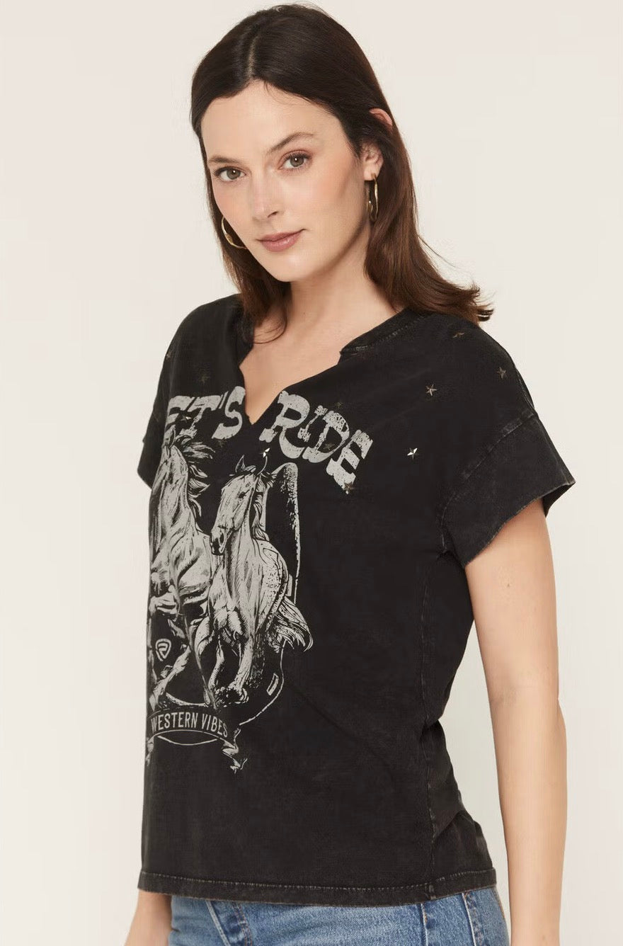 ROCK & ROLL DENIM WOMEN'S LET'S RIDE SHORT SLEEVE GRAPHIC TEE - BW21T08427