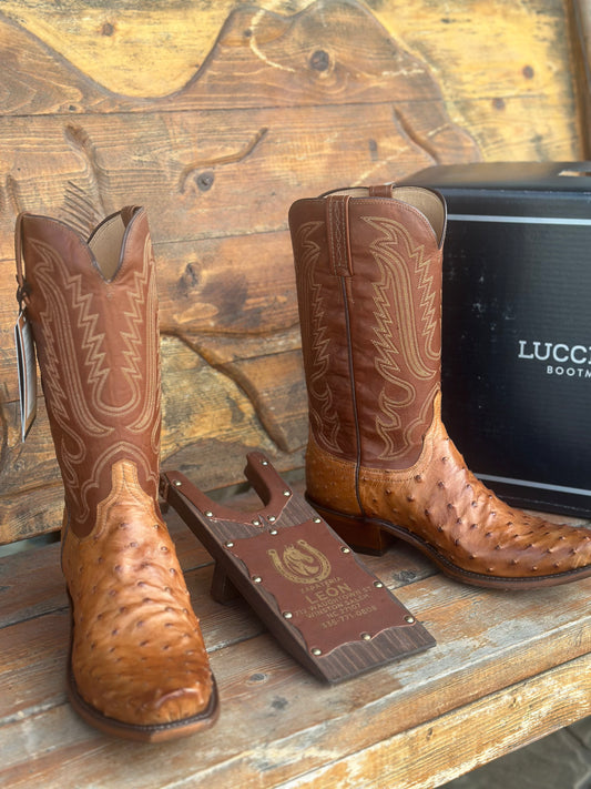 LUCCHESE “LUKE” BARNWOOD/TAN FULL QUILL OSTRICH COWBOY BOOT NO.1156.73