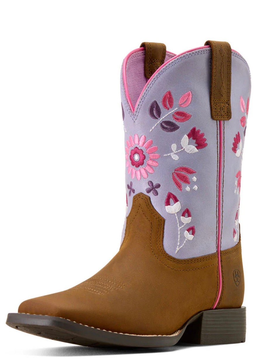Ariat Youth Wild Bloom Wide Square Toe Western Boot - Distressed Brown -10074202