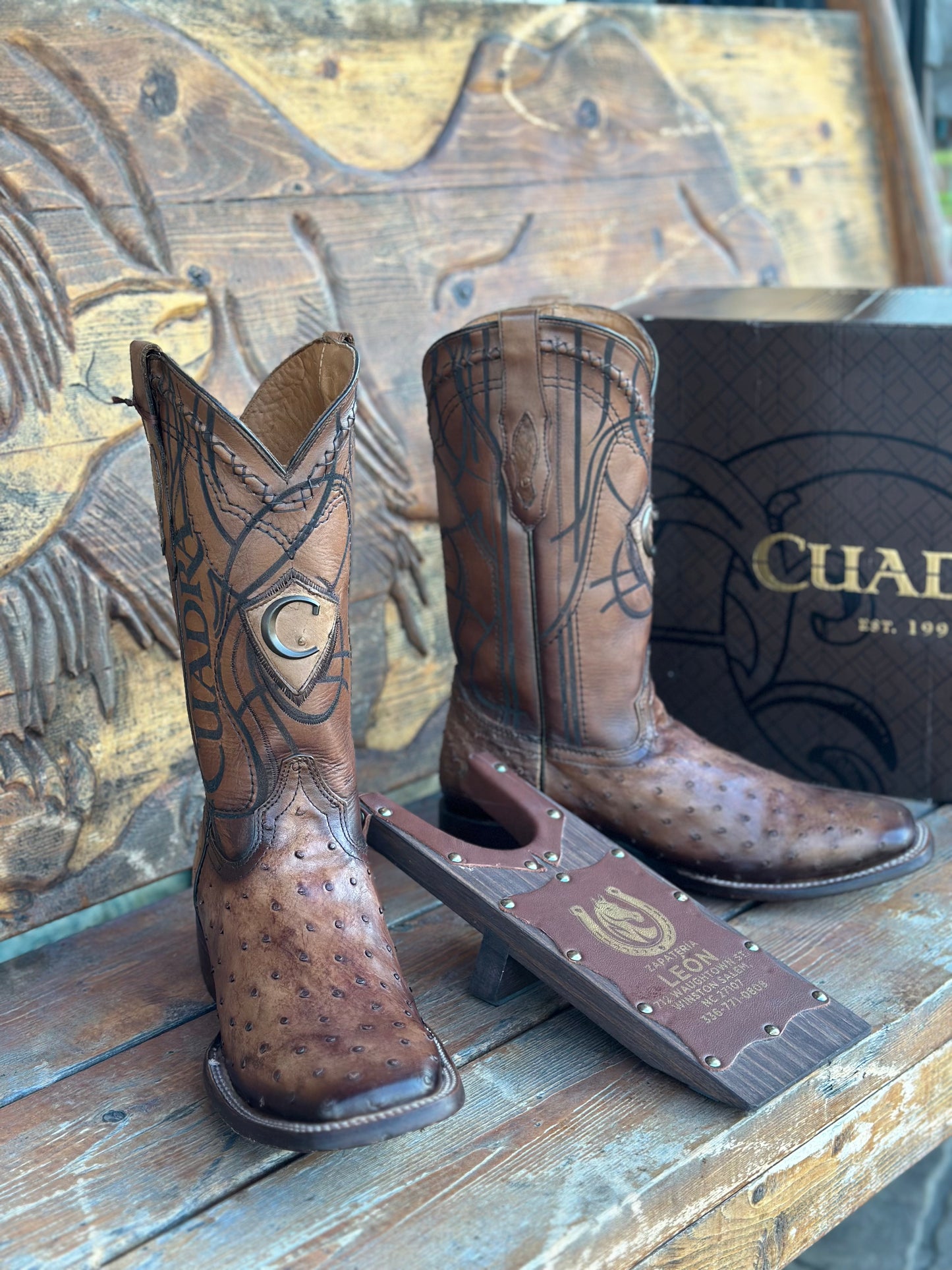 CUADRA “LIGHT BROWN” SQ TOE FULL QUILL OSTRICH COWBOY BOOT CU744