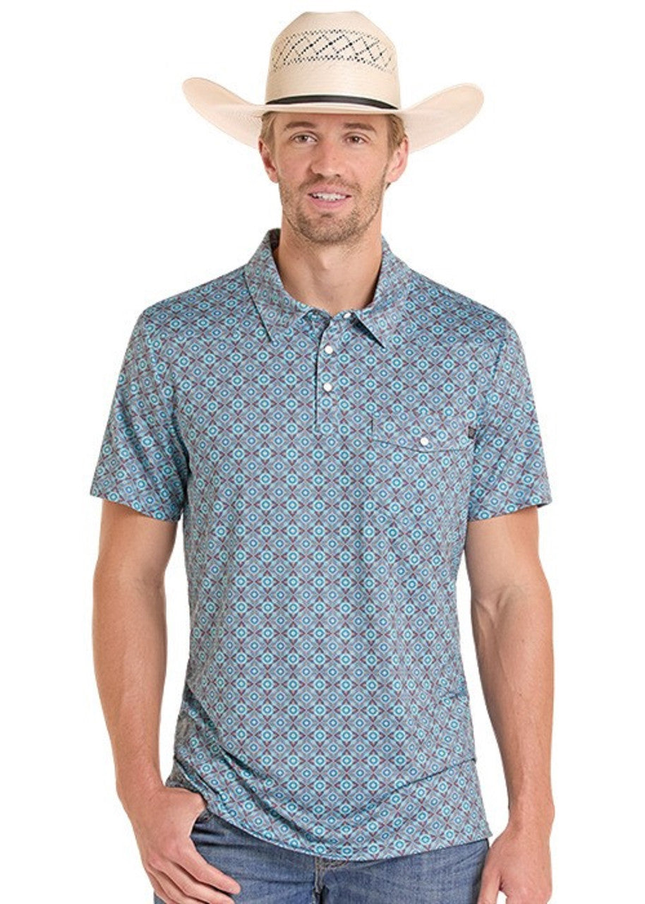 ROCK & ROLL TURQUOISE MEDALILION PRINT - MENS POLO - BM51T09056