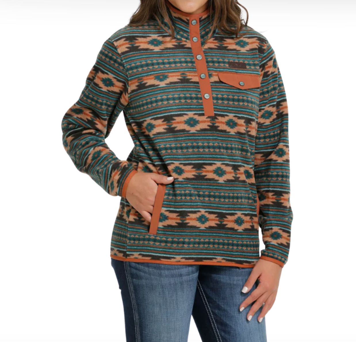 CINCH WOMEN'S GREEN AZTEC PRINT POLAR FLEECE PULLOVER SWEATER-MAK9819006