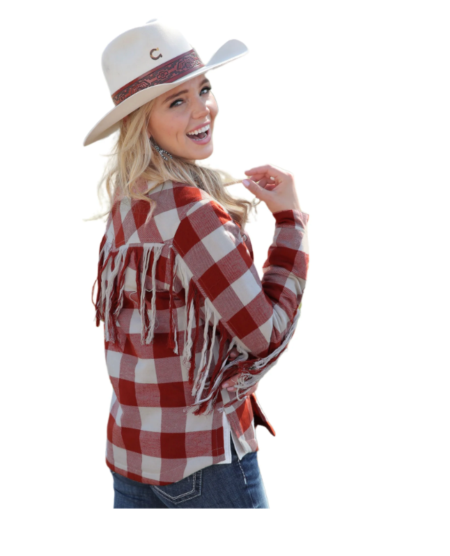 Cruel Denim® Ladies Orange Fringe Plaid Shirt Jacket CWJ7407001