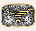 MONTANA SILVERSMITHS SILVER & GOLD WESTERN PATRIOTIC LONGHORN BELT BUCKLE - A1054P