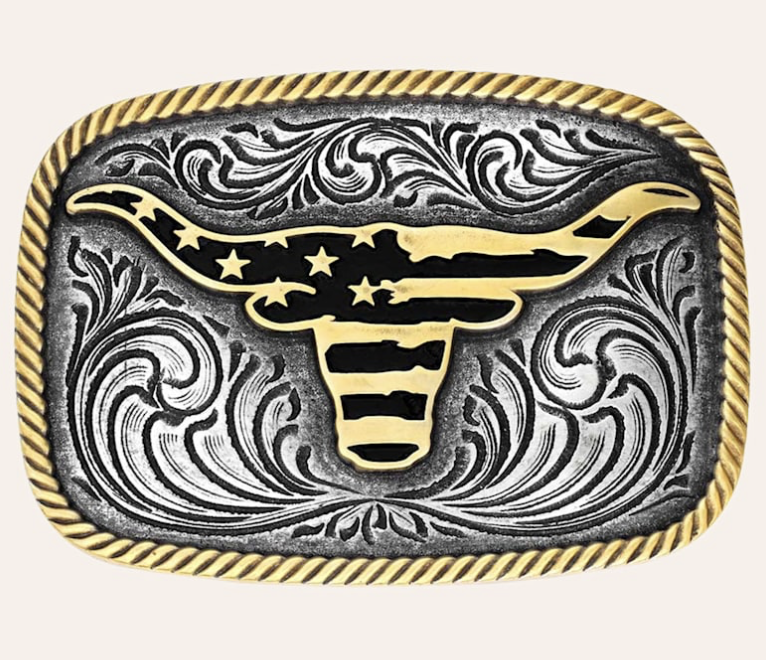 MONTANA SILVERSMITHS SILVER & GOLD WESTERN PATRIOTIC LONGHORN BELT BUCKLE - A1054P