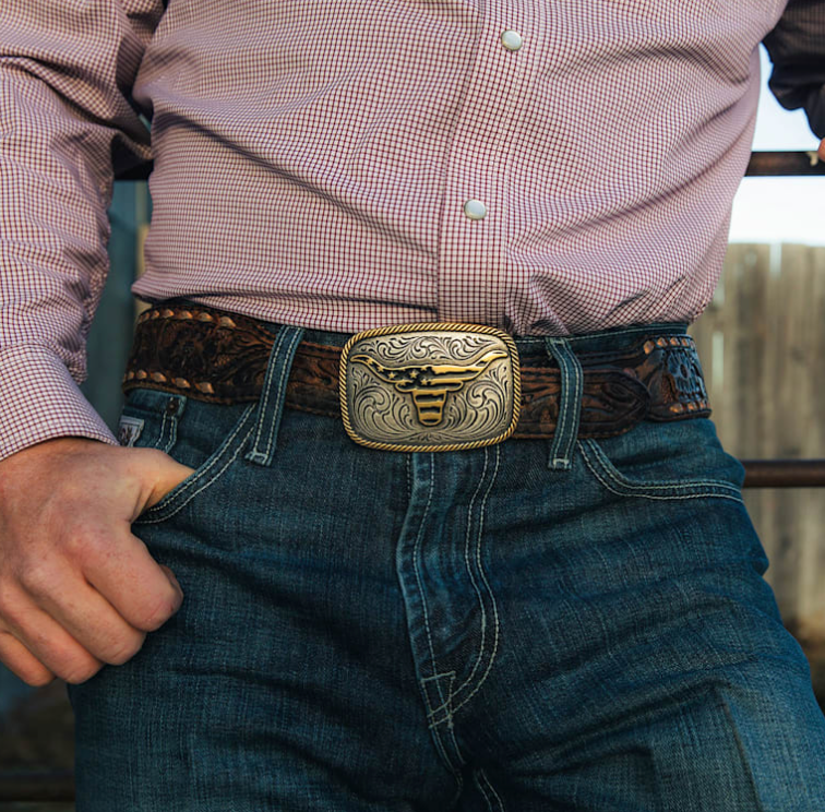 MONTANA SILVERSMITHS SILVER & GOLD WESTERN PATRIOTIC LONGHORN BELT BUCKLE - A1054P