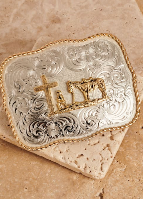 MONTANA SILVERSMITHS TWO-TONED SCALLOPED RECTANGLE CHRISTIAN COWBOY BELT BUCKLE-G868-731