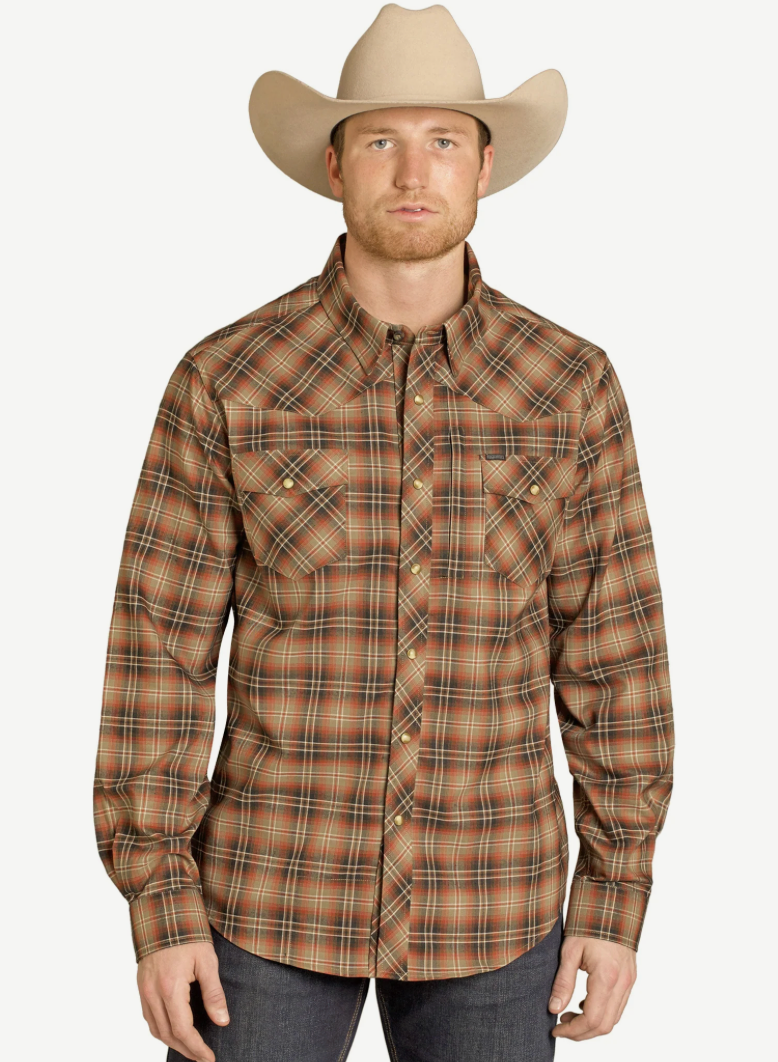 ROCK & ROLL TEK WESTERN TAN PLAID FLANNEL LONG SLEEVE SHIRT - BMN2S07966