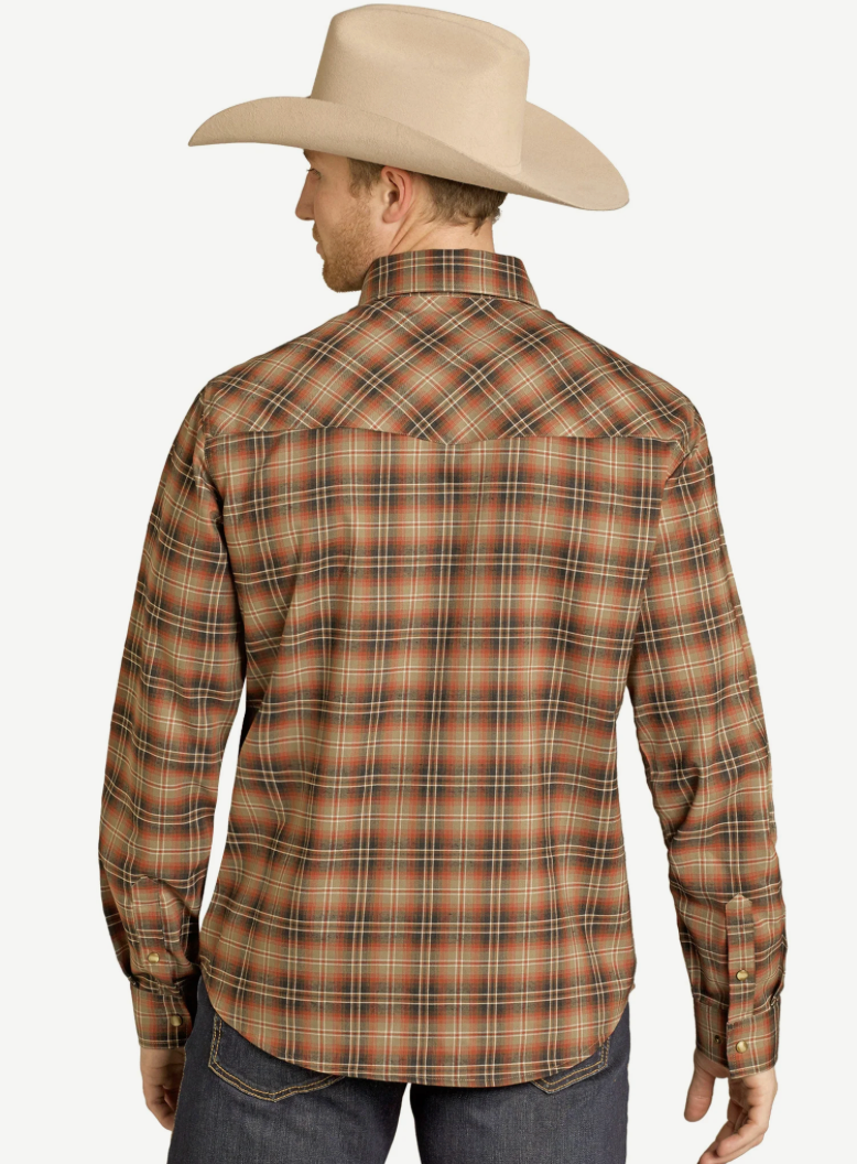 ROCK & ROLL TEK WESTERN TAN PLAID FLANNEL LONG SLEEVE SHIRT - BMN2S07966