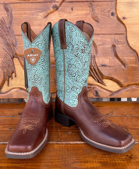 Ariat® Ladies Round Up Square Toe Brown & Turquoise Boots 10042534